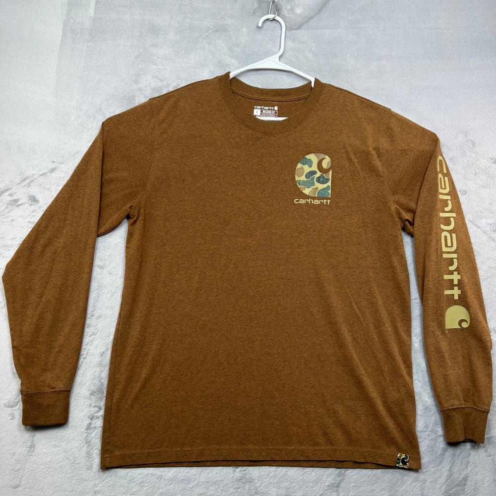 Carhartt Long Sleeve Shirt Mens L Brown Frog Camo Logo Relaxed Fit Graphic Tee - Picture 2 of 12